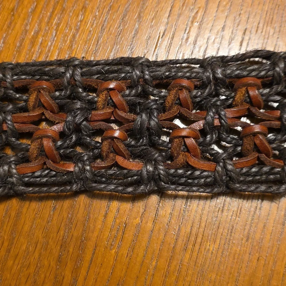 Vintage Woven Brown Macrame and Leather Wide Belt Gold Buckle Fits Up to 32